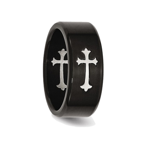 Mens Black Plated Stainless Steel 9mm Brushed Cross Wedding Band Ring