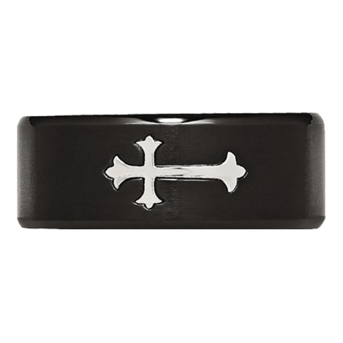 Mens Black Plated Stainless Steel 9mm Brushed Cross Wedding Band Ring