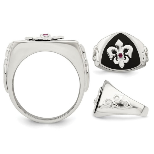 Mens Black Agate Fleur de Lis Ring with Accent Ruby in Sterling Silver
