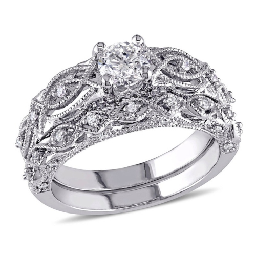 Bague fiançailles diamants 3/4 ct H-I, I2-I3 et alliance or blanc 10 ct