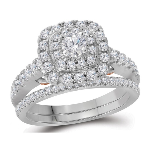 9/10 Carat Halo Diamond Engagement Ring Bridal Wedding Set in 14K White Gold