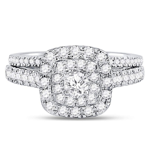 9/10 Carat Halo Diamond Engagement Ring Bridal Wedding Set in 14K White Gold