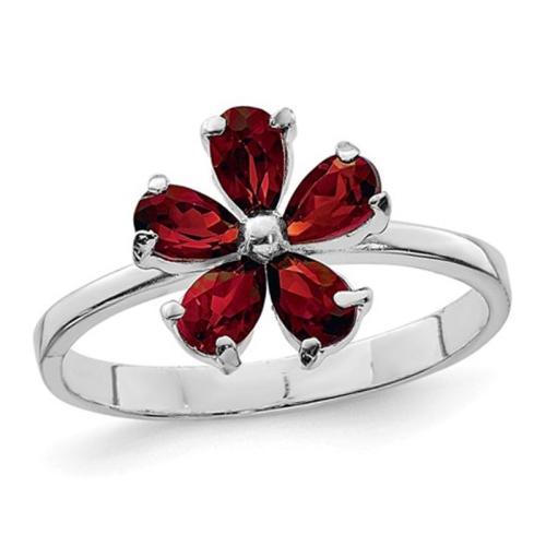 GEM AND HARMONY  Sterling Silver Rhodium Plated Garnet Flower Ring 1/2 Carat (Ctw) In Red