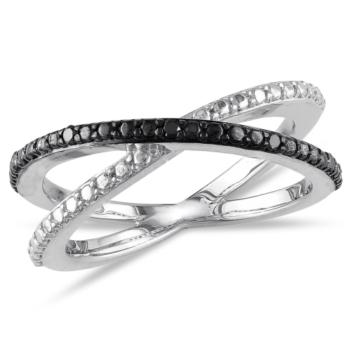 GEM AND HARMONY  Diamond Criss-Cross Ring In Sterling Silver In Black