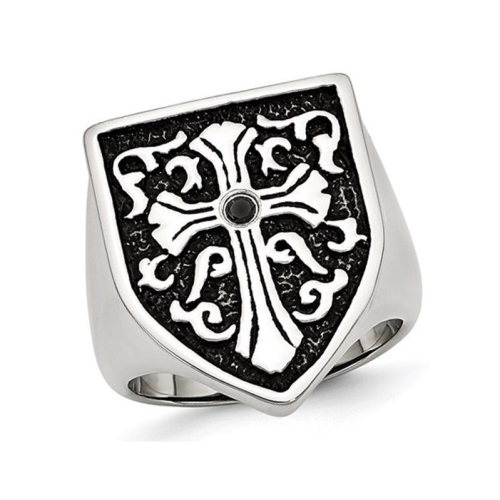 GEM AND HARMONY  Mens Cross Antiqued Shield Stainless Steel Ring With Diamond In Black
