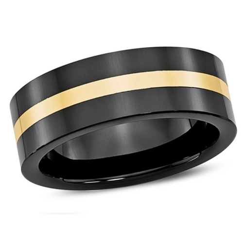 Mens Black Ceramic Wedding Band Ring 8mm with 14K Yellow Gold Inlay