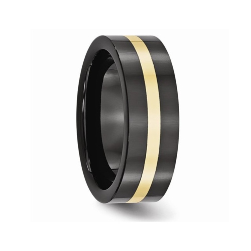 Mens Black Ceramic Wedding Band Ring 8mm with 14K Yellow Gold Inlay