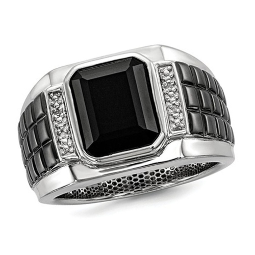 GEM AND HARMONY  Mens Onyx Ring With Accent Diamonds In Rhodium Plated Sterling Silver In Black