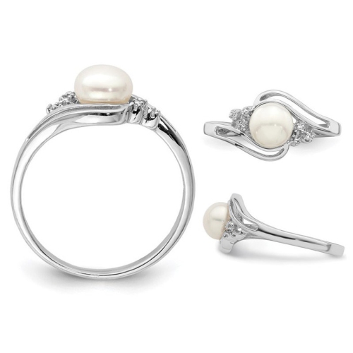 Freshwater Cultured 6mm Button Pearl Ring in Sterling Silver with Accent Diamonds