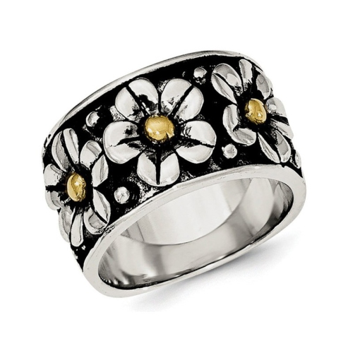 GEM AND HARMONY  Ladies Antiqued Flower Daisy Ring In Sterling Silver With 14K Gold Center In Yellow
