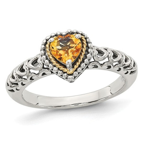 GEM AND HARMONY  Antiqued Natural Citrine Heart Ring In Sterling Silver With 14K Accents In Gold