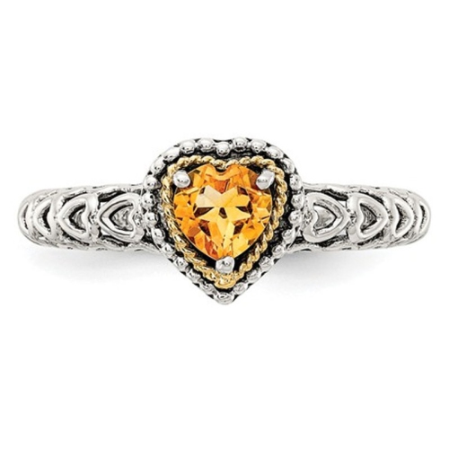 Antiqued Natural Citrine Heart Ring in Sterling Silver with 14K Gold Accents