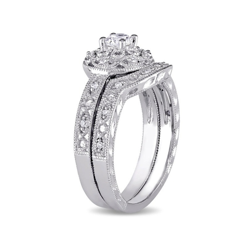 1/3 Carat Lab-Created White Sapphire Bridal Engagement Ring and Wedding Band Set with Diamonds in Sterling Silver