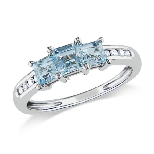 GEM AND HARMONY  Three Stone Aquamarine 9/10 Carat (Ctw) Ring With Diamonds In 10K Gold In White