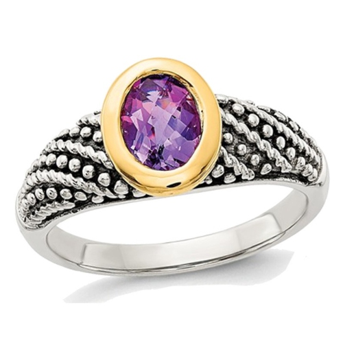 GEM AND HARMONY  4/5 Carat (Ctw) Natural Amethyst Ring In Sterling Silver With 14K Accents In Gold