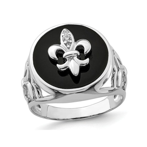GEM AND HARMONY  Mens Fleur De Lis Synthetic Cubic Zirconia (Cz) And Onyx Ring In Sterling Silver In Black