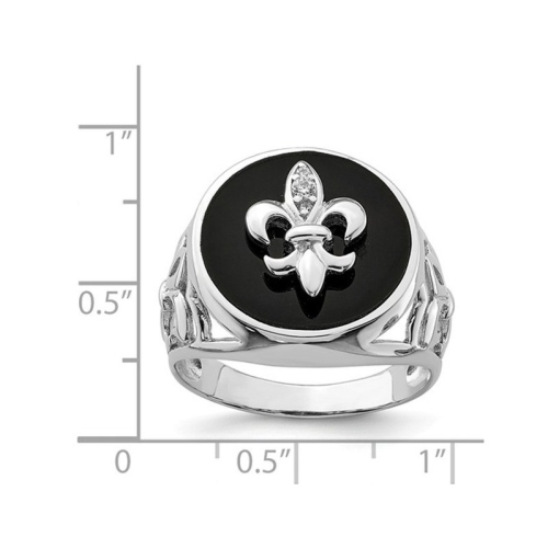 Mens Fleur De Lis Synthetic Cubic Zirconia and Black Onyx Ring in Sterling Silver