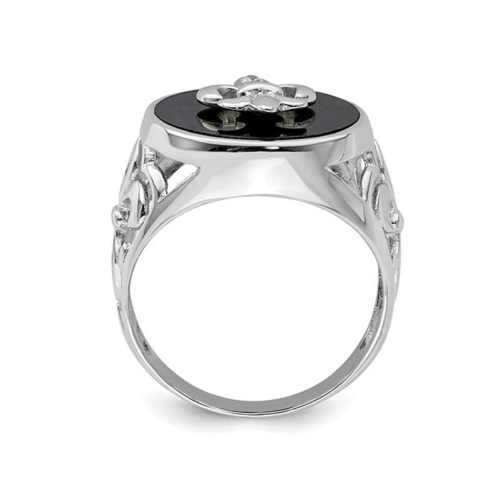 Mens Fleur De Lis Synthetic Cubic Zirconia and Black Onyx Ring in Sterling Silver