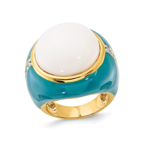 Sterling Silver Gold-plated White Agate Cocktail Ring with Cubic Zirconia (CZ)