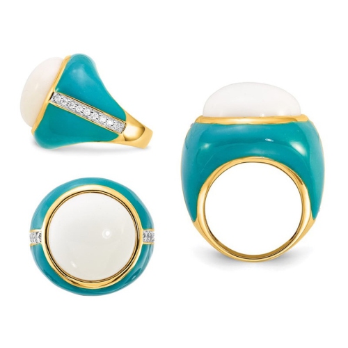 Sterling Silver Gold-plated White Agate Cocktail Ring with Cubic Zirconia (CZ)