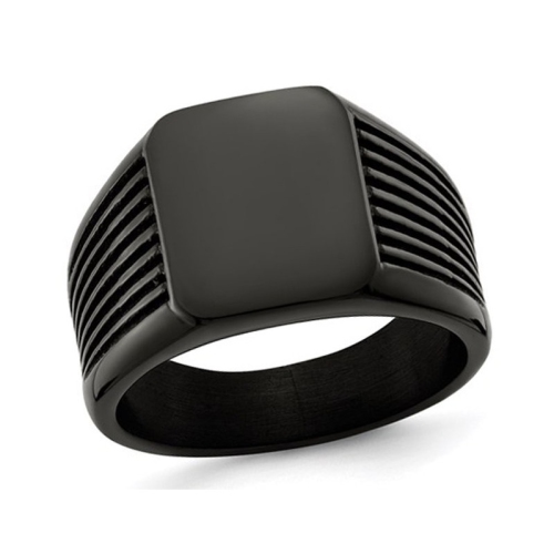 Bague de signe homme en acier inoxydable poli plaqué noir