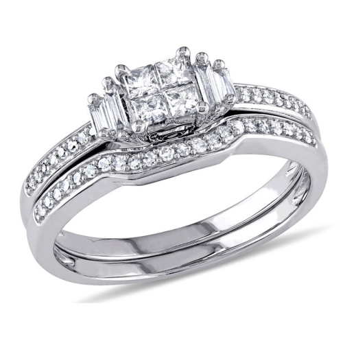 GEM AND HARMONY  Princess Cut Diamond Engagement Ring & Wedding Band 1/2 Carat (Ctw) Wedding Set In 10K Gold In White