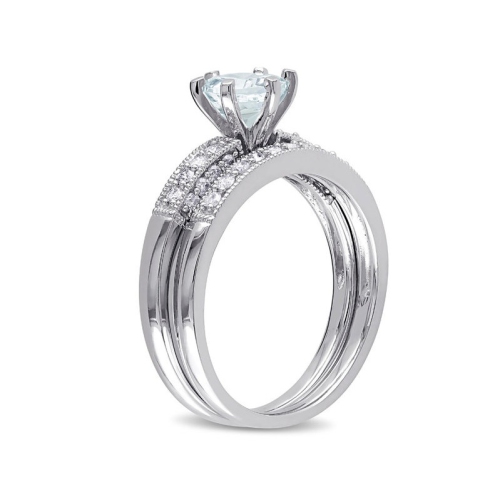 3/4 Carat Light Aquamarine with Diamond 1/3 Carat (ctw) Bridal Wedding Set Engagement Ring 10K White Gold