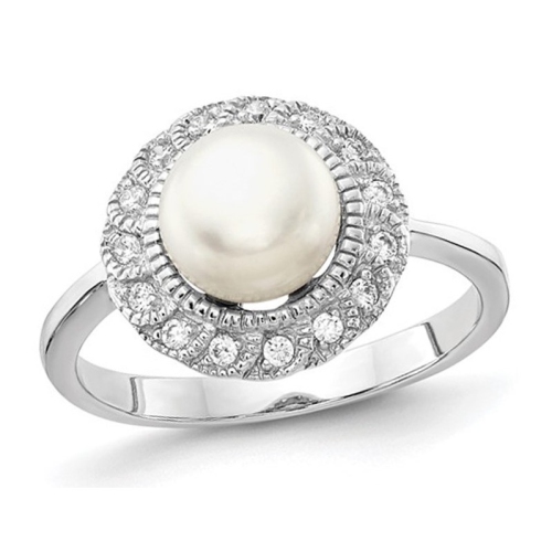 GEM AND HARMONY  Freshwater Cultured Pearl Ring In Sterling With Synthetic Cubic Zirconia (Cz) In Silver