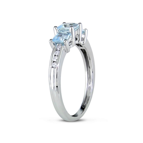 Three Stone Aquamarine 9/10 Carat Ring with Diamonds in 10K White Gold