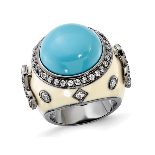 GEM AND HARMONY  Sterling Silver Synthetic Cocktail Fleur-De-Lys Ring With Synthetic Cubic Zirconia (Cz) (Cz) In Sterling Silver In Turquoise