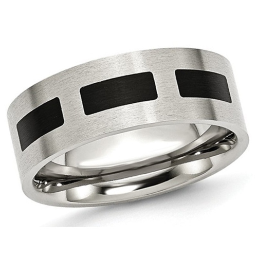 GEM AND HARMONY  Mens 8MM Stainless Steel Comfort Fit Wedding Band Ring With Accent In Black