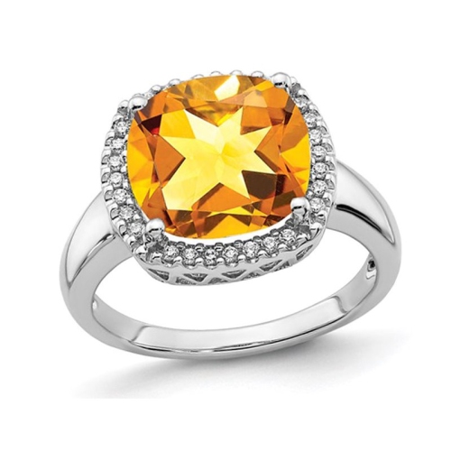 GEM AND HARMONY  5.40 Carat (Ctw) Large Cushion-Cut Citrine Ring In 14K Gold With Diamonds In White