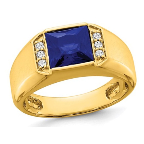 GEM AND HARMONY  Mens 2.50 Carat (Ctw) Lab Created Blue Sapphire Ring In 14K Gold With Diamonds In Yellow