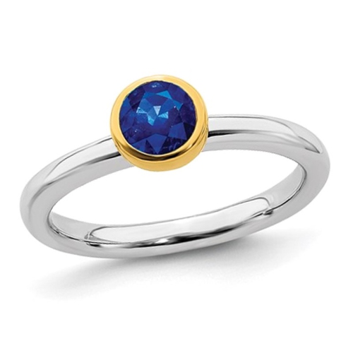 Ladies Lab Created Blue Sapphire Solitaire Ring 1/2 Carat in Sterling Silver with Yelow Gold Plated Accent