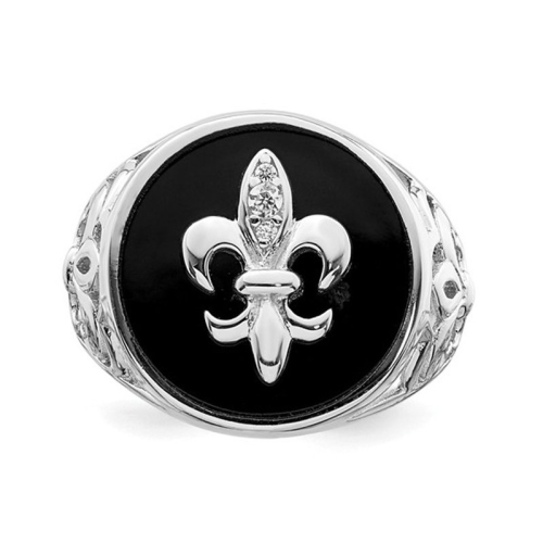 Mens Fleur De Lis Synthetic Cubic Zirconia and Black Onyx Ring in Sterling Silver