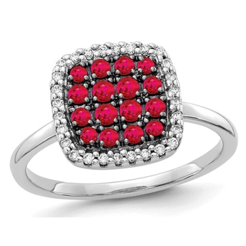 GEM AND HARMONY  2/5 Carat (Ctw) Natural Ruby Cluster Ring In 14K Gold In White