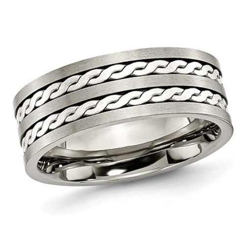 GEM AND HARMONY  Sterling Braided Inlay Brushed Titanuim Band Ring 8MM In Silver