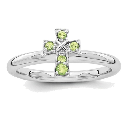 GEM AND HARMONY  Ladies Sterling Rhodium Peridot Cross Ring In Silver