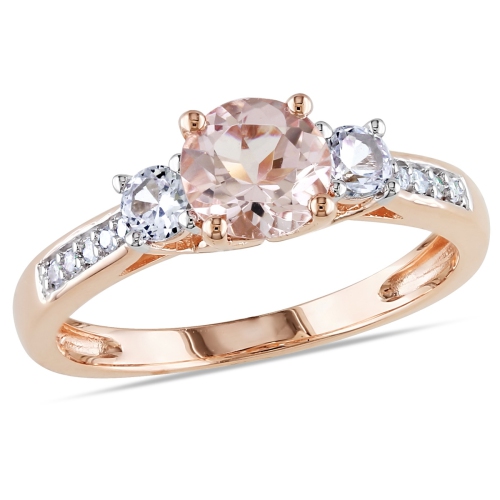 1.20 Carat Morganite & Lab-Created White Sapphire Three Stone Ring with Diamonds in 10K Rose Pink Gold