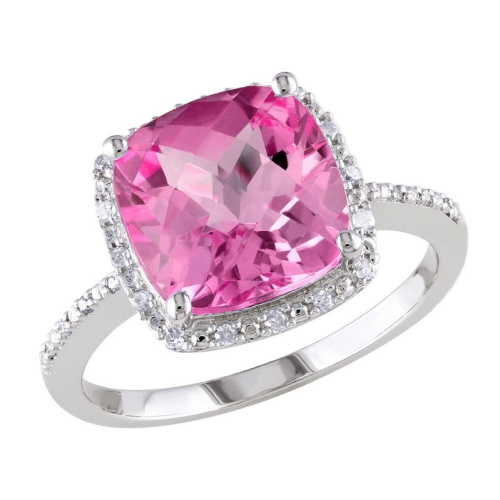 Bague en argent sterling avec saphir rose synthétique en laboratoire et diamants décoratifs 5.80 carats
