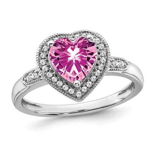 GEM AND HARMONY  1.48 Carat (Ctw) Lab-Created Pink Sapphire Heart Ring In 14K Gold With Diamonds In White