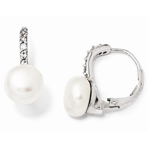 GEM AND HARMONY  Freshwater Cultured Pearl Leverback Earrings In Sterling With Synthetic Cubic Zirconia (Cz) In Silver
