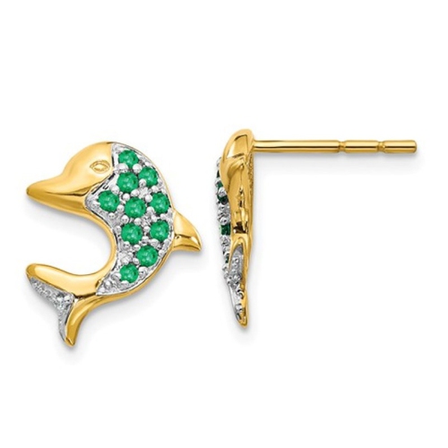 GEM AND HARMONY  Natural Green Emerald Dolphin Earrings 1/4 Carat (Ctw) In 14K Gold In Yellow