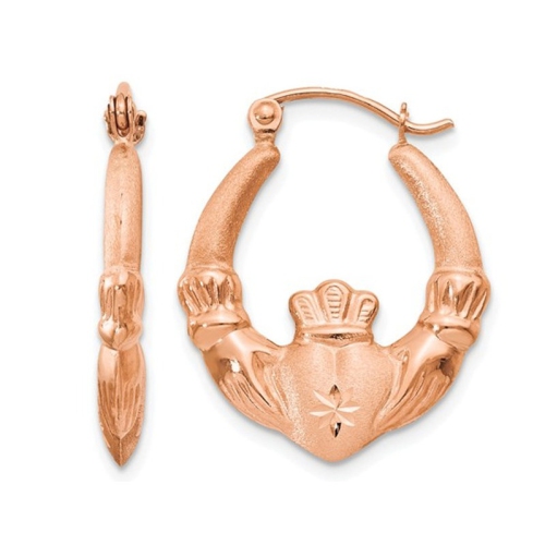 GEM AND HARMONY  14K Rose Gold Polished Claddagh Hoop Earrings In Pink