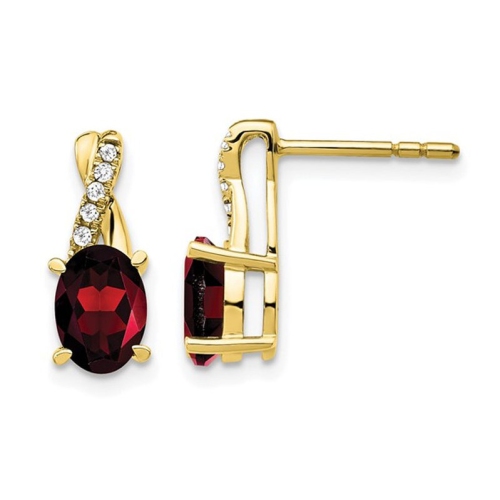GEM AND HARMONY  10K Gold Oval-Cut Post Button Garnet Earrings 1.50 Carat (Ctw) With Accent Diamonds In Yellow