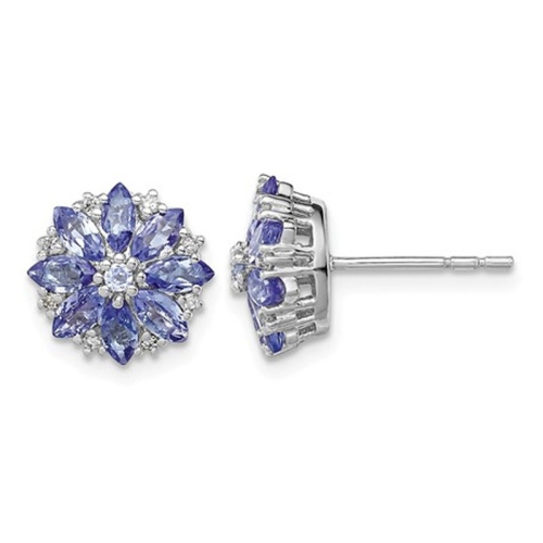 Boucles d’oreilles en fleur avec tanzanite 1.20 carats en argent sterling et diamants décoratifs