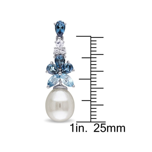 Freshwater Cultured Pearl 8.5-9 mm with Blue and White Topaz Drop Earrings In Sterling Silver