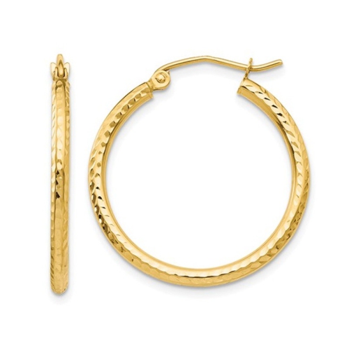 14K Yellow Gold Small Diamond Cut Hoop Earrings 3/4 Inch
