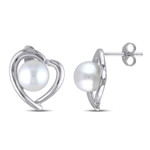 GEM AND HARMONY  8-8.5MM Freshwater Cultured Pearl And Diamond Heart Stud Earrings In Sterling Silver In White
