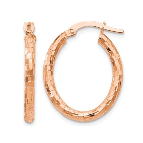 14K Rose Pink Gold Textured Oval Hoop Earrings